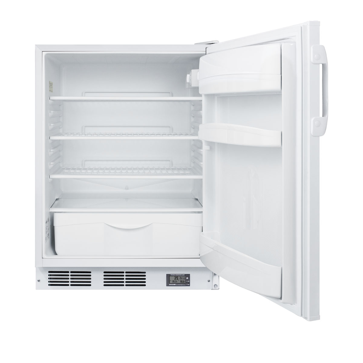 Commercially approved ADA compliant Nutrition Center series all-refrigerator in white for built-in or freestanding use, with front lock and digital temperature display